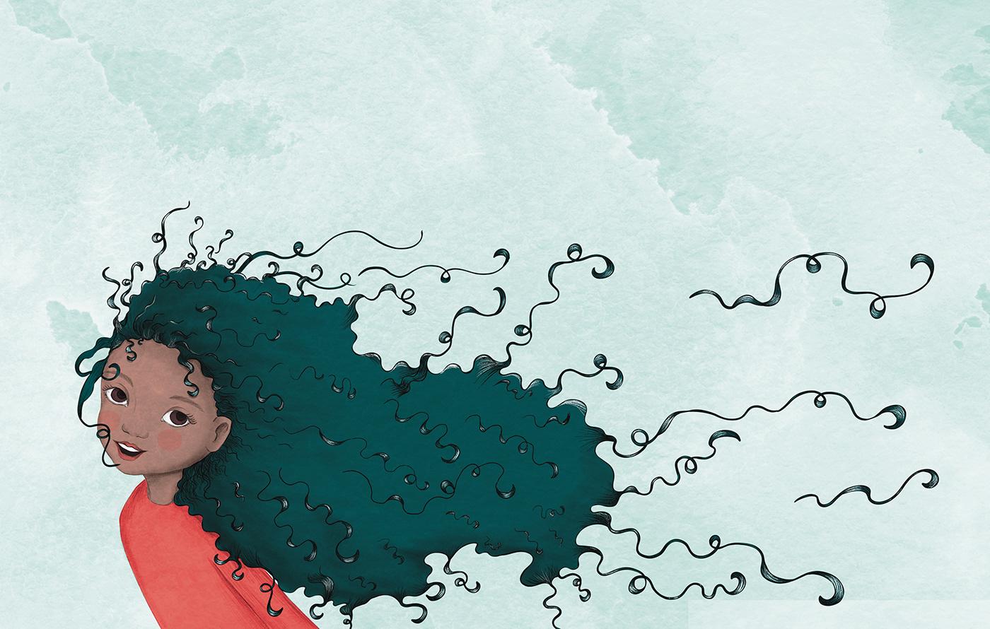 Cheveux bouclés en mouvement dessin