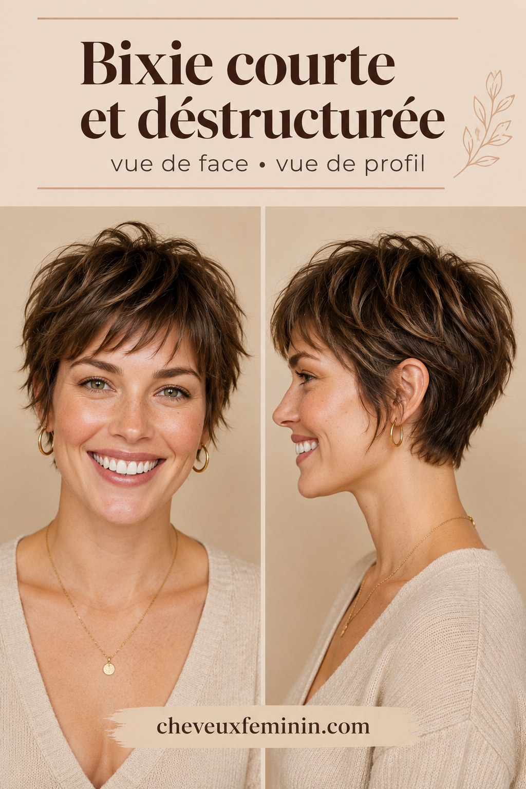Bixie courte et déstructurée vue de face et de profil montrant une nuque bien remontée