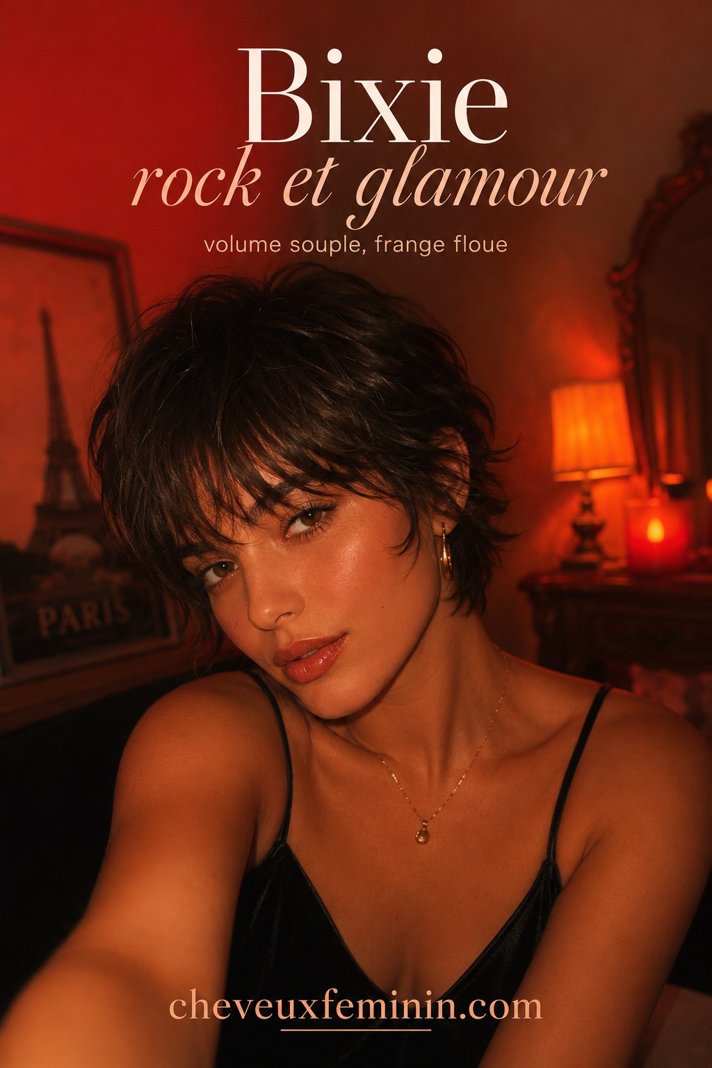 Bixie rock et glamour avec volume souple et frange floue pour une allure de soirée