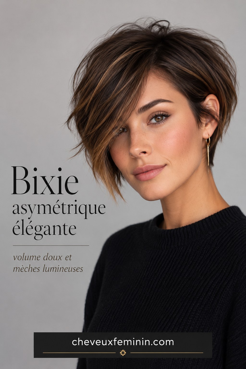 Bixie asymétrique élégante avec mèches lumineuses sur cheveux bruns