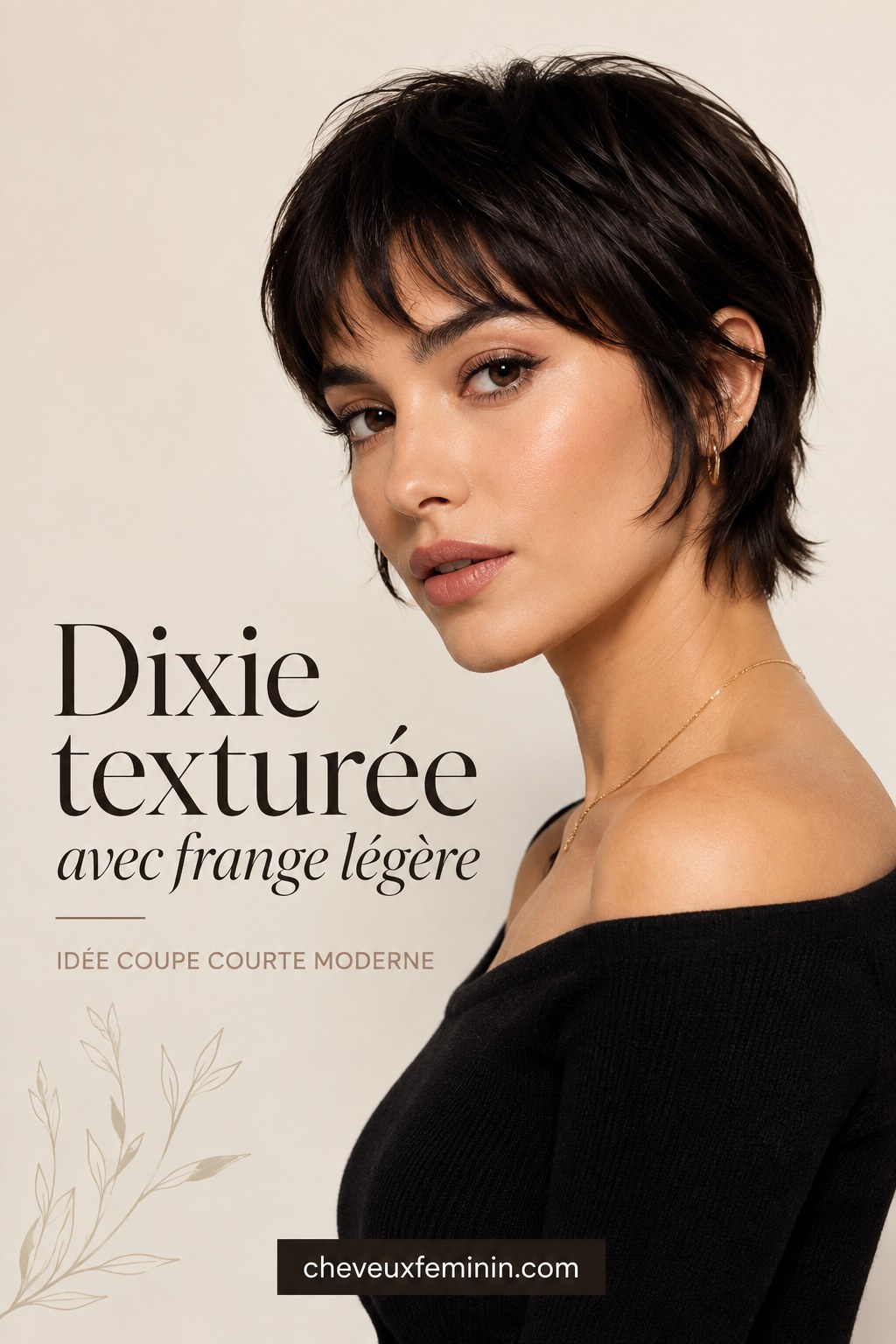 Bixie texturée avec frange légère encadrant le visage sur cheveux bruns épais