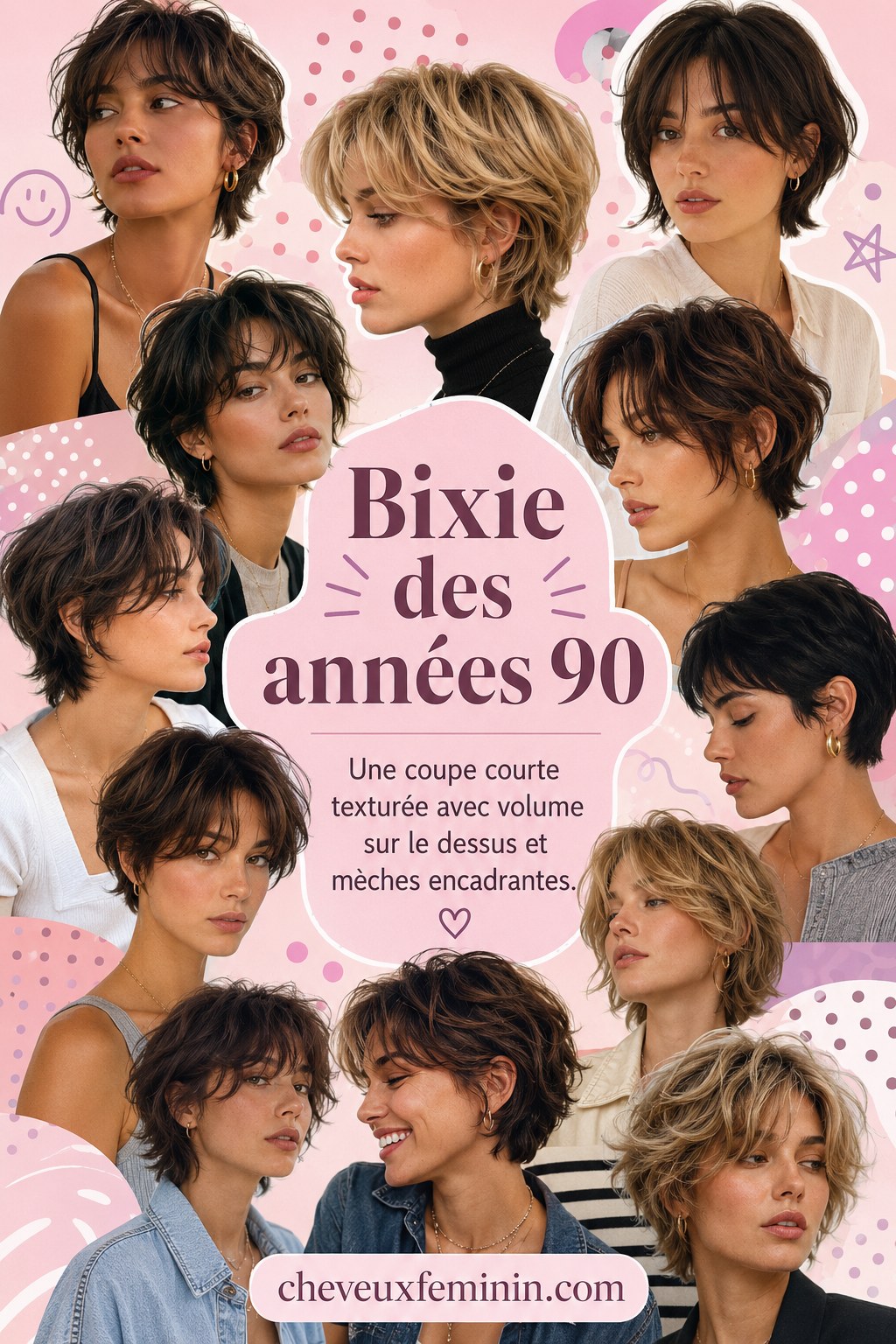 Planche d'inspiration bixie style années 90 avec volume au sommet et mèches encadrantes