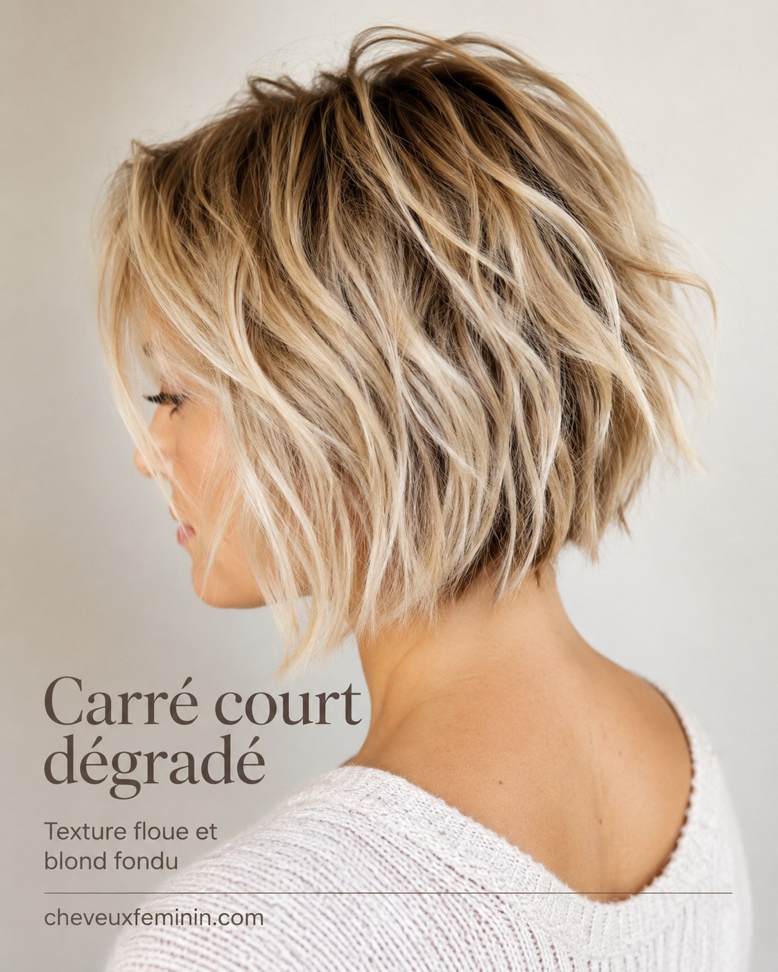 Carré court dégradé à texture floue et blond fondu, coupe idéale pour un plongeant discret