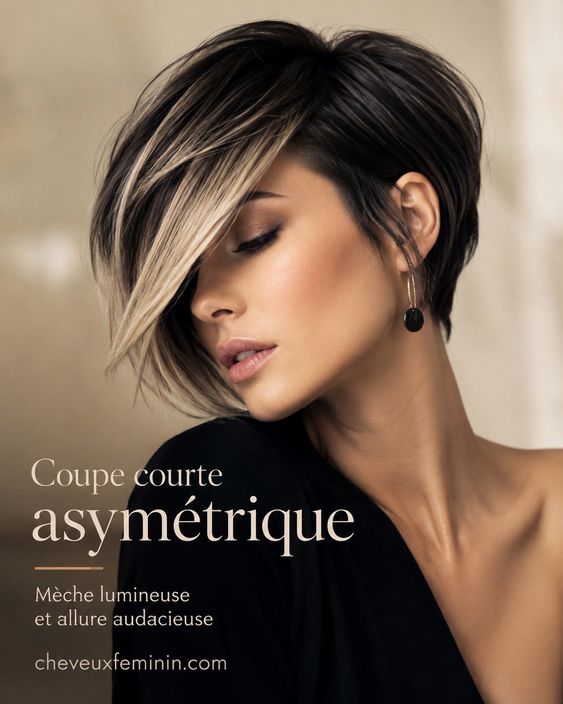 Coupe courte asymétrique avec mèche lumineuse, allure audacieuse inspirée du carré plongeant dégradé