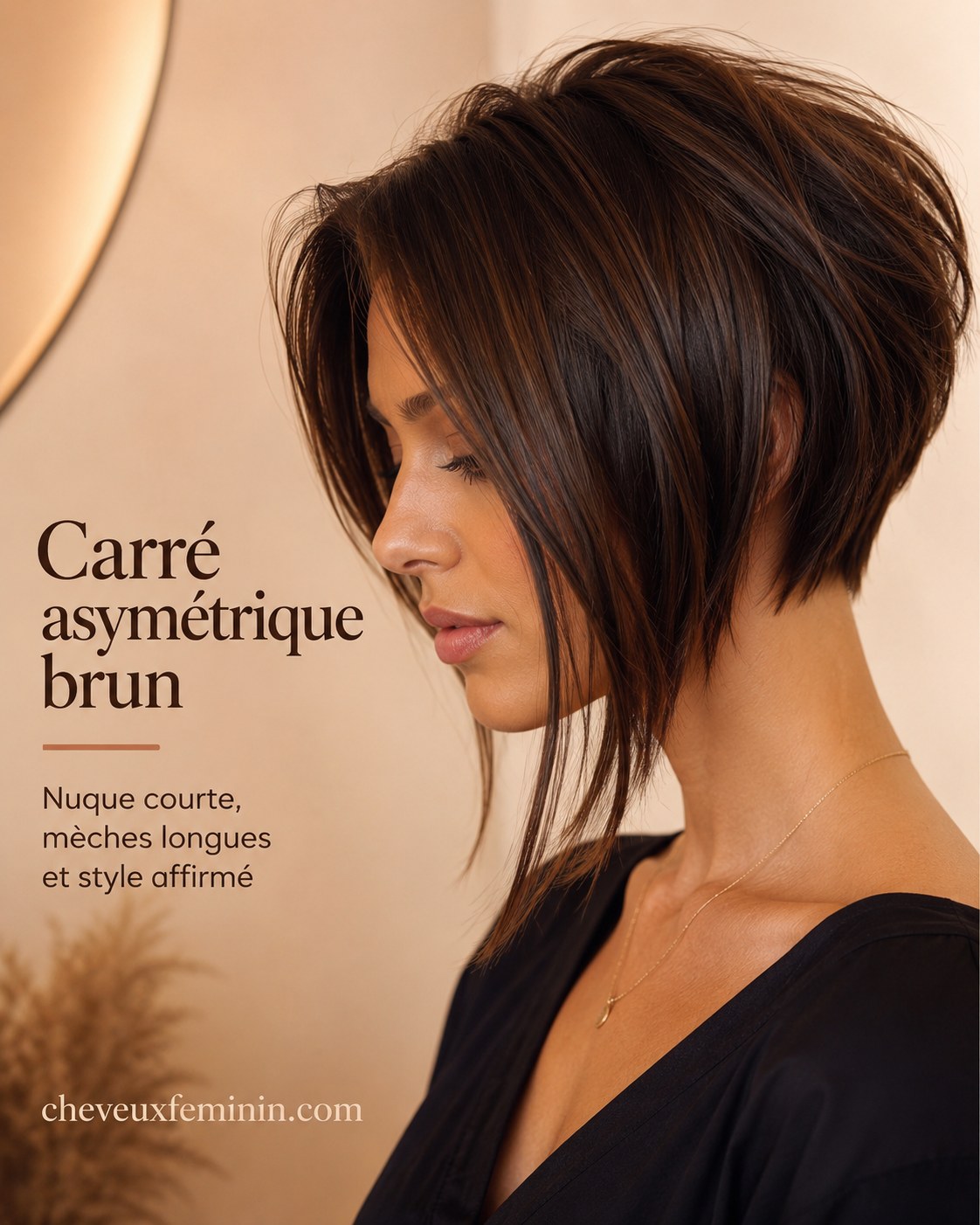Carré asymétrique brun, nuque courte et mèches longues façon carré plongeant dégradé affirmé