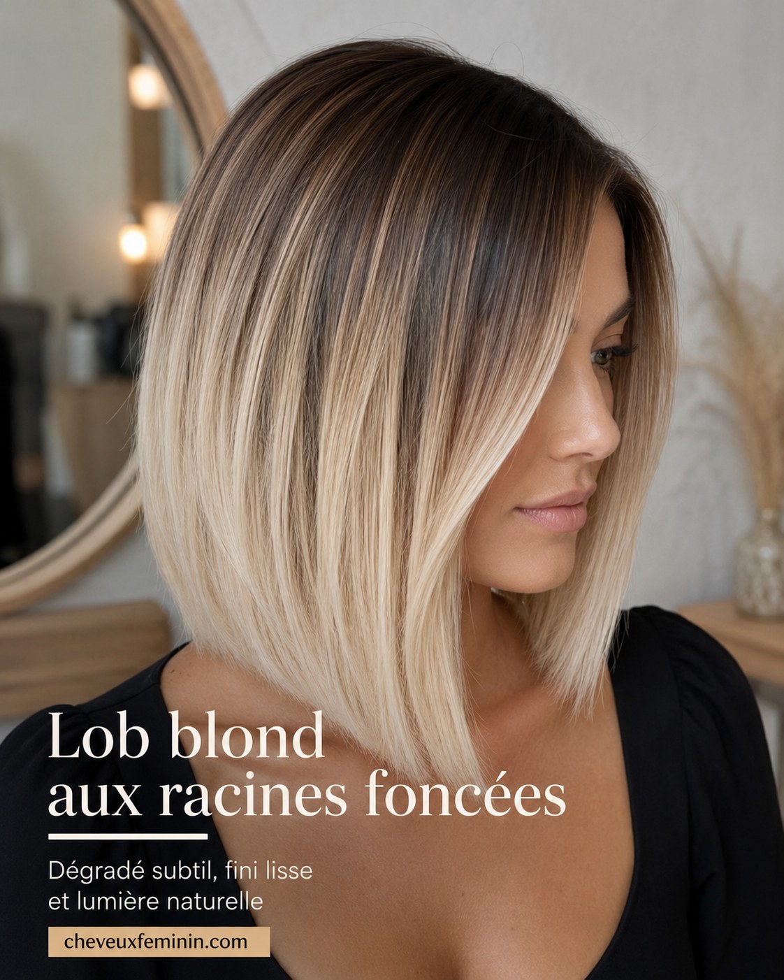Lob blond dégradé aux racines foncées, fini lisse et transition subtile façon carré plongeant
