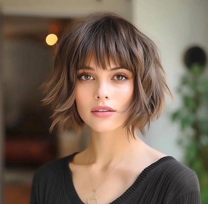 Carré shaggy frange cheveux fins