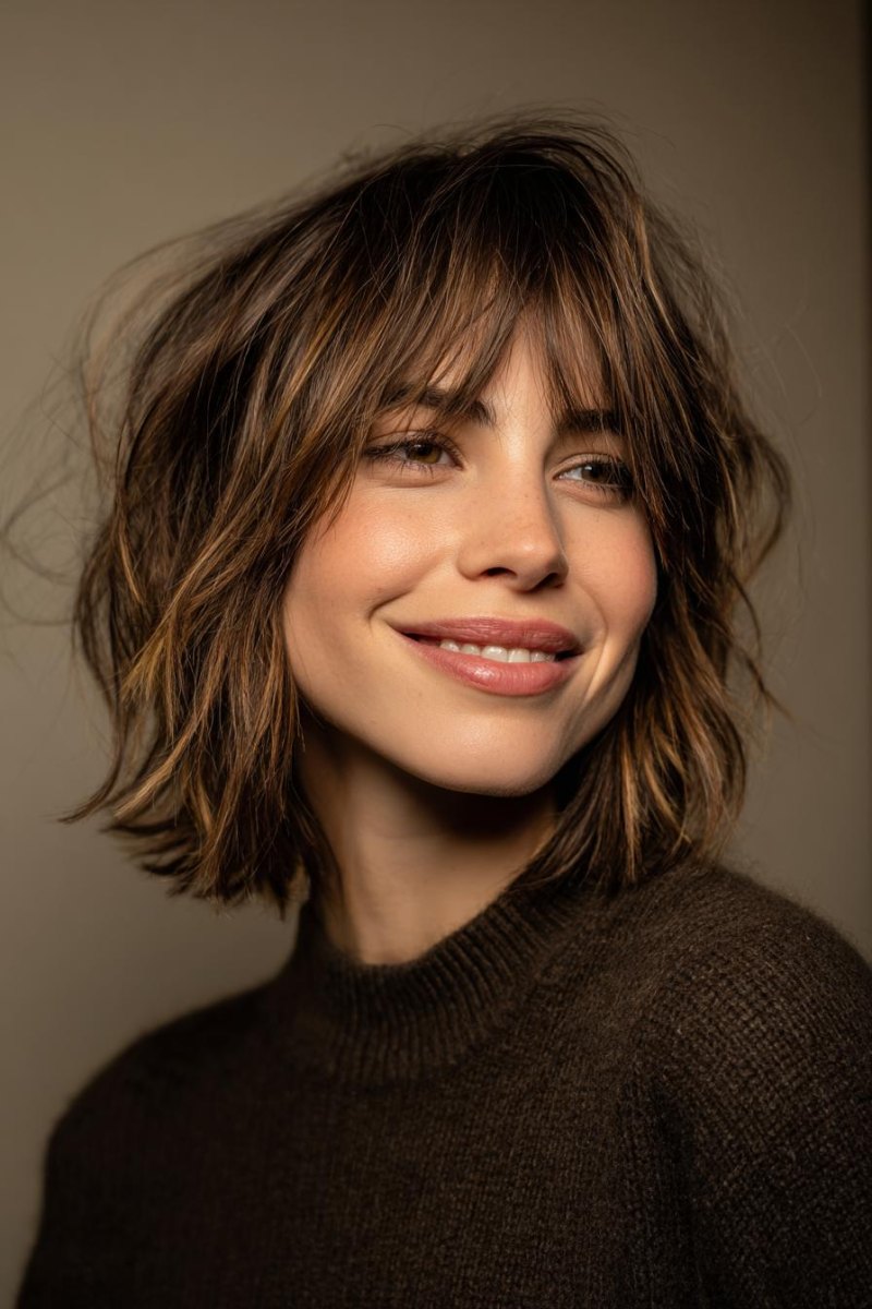 Carré shaggy brun cheveux fins