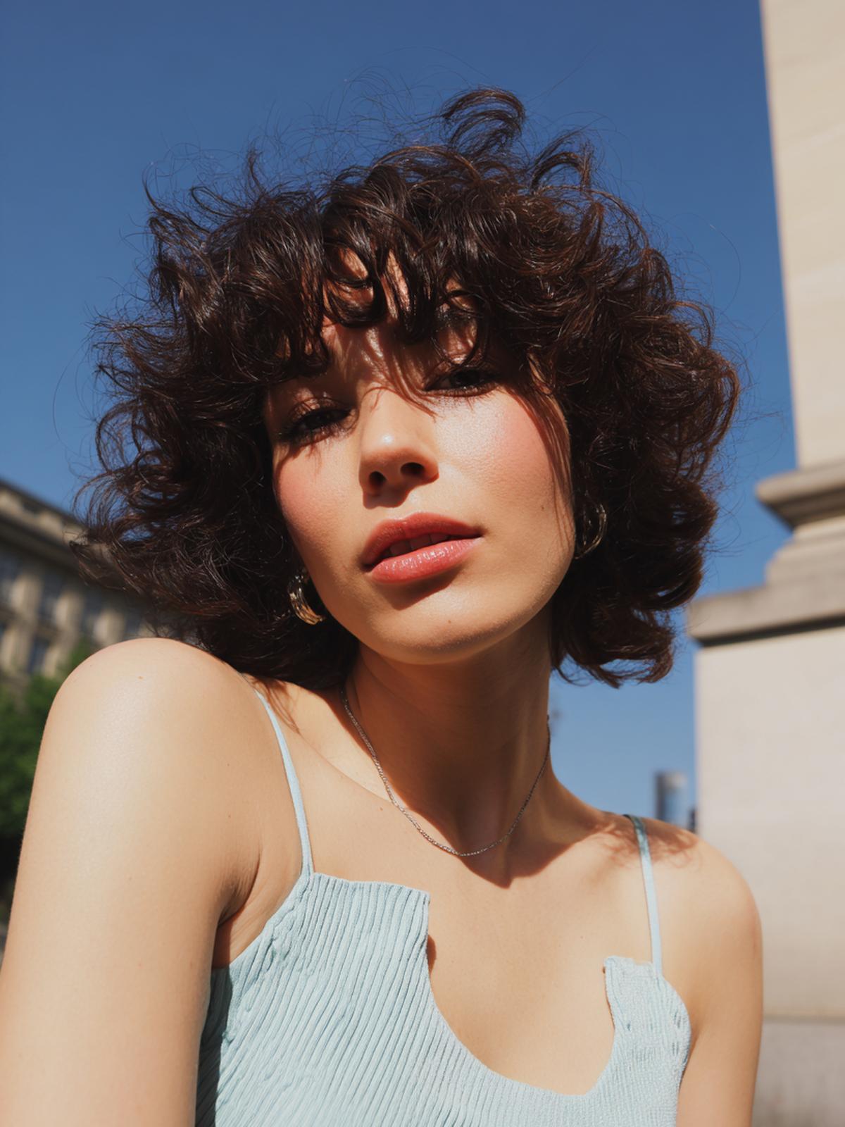 16. Micro-frange bouclée pour Cheveux bouclés frange courte et regard dégagé