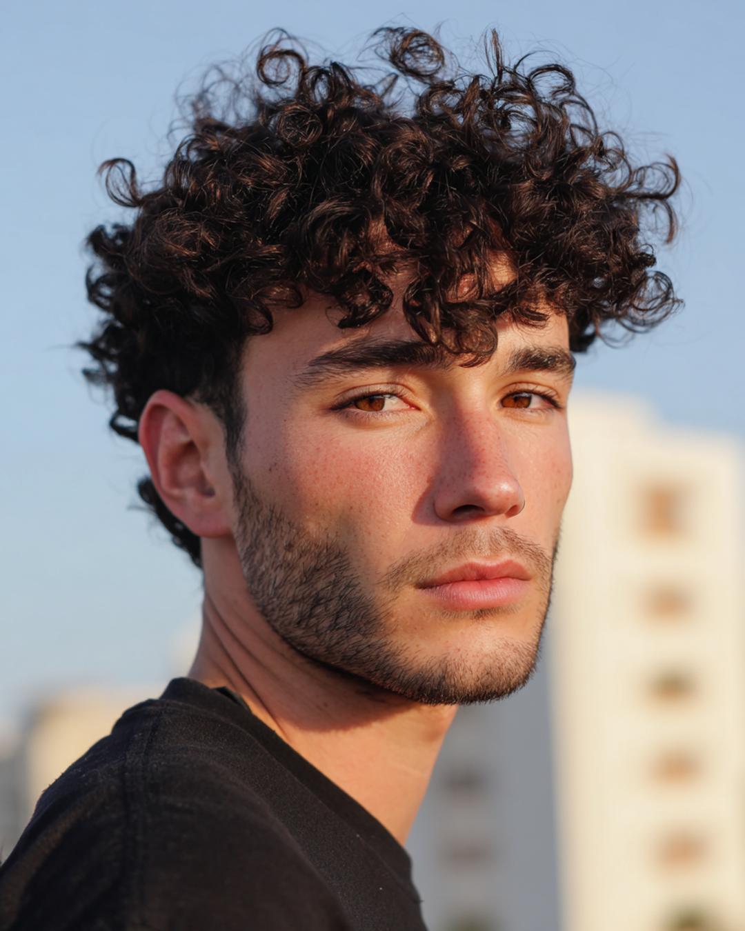 21. Dégradé masculin naturel avec Cheveux bouclés frange homme et côtés fondus