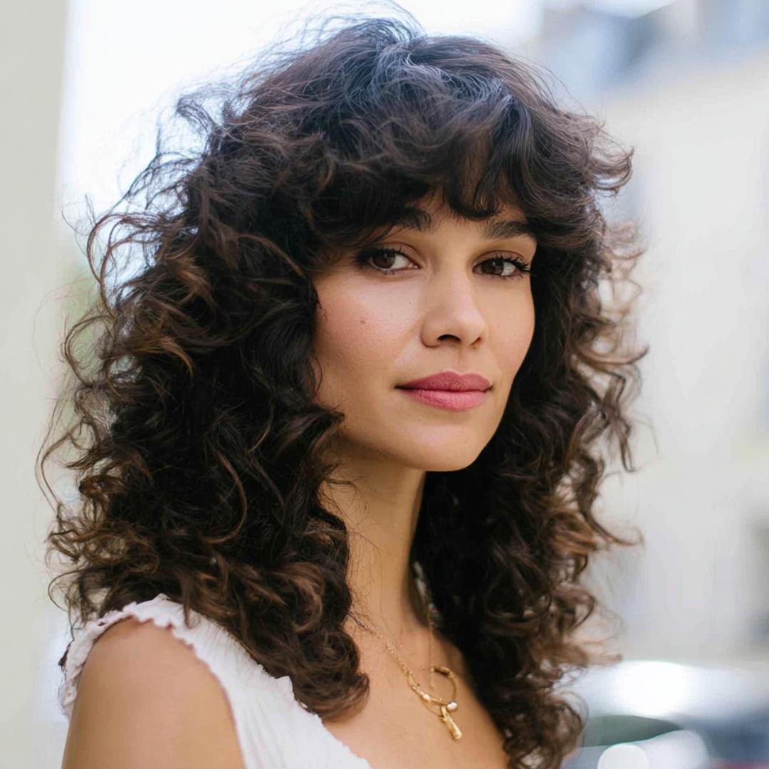 27. Frange longue balayée sur le côté pour Cheveux bouclés frange longue et asymétrie chic