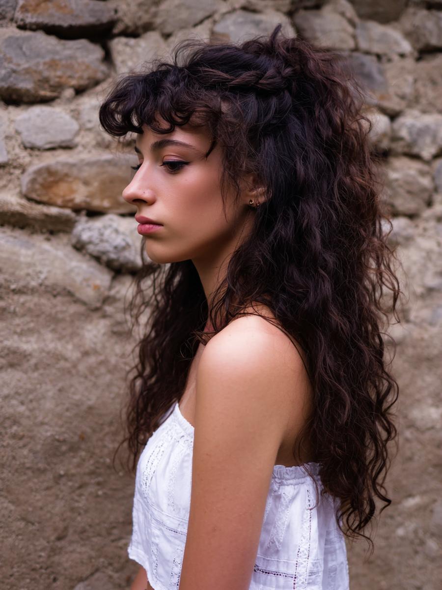29. Frange longue et demi-queue pour Cheveux bouclés frange longue et look bohème