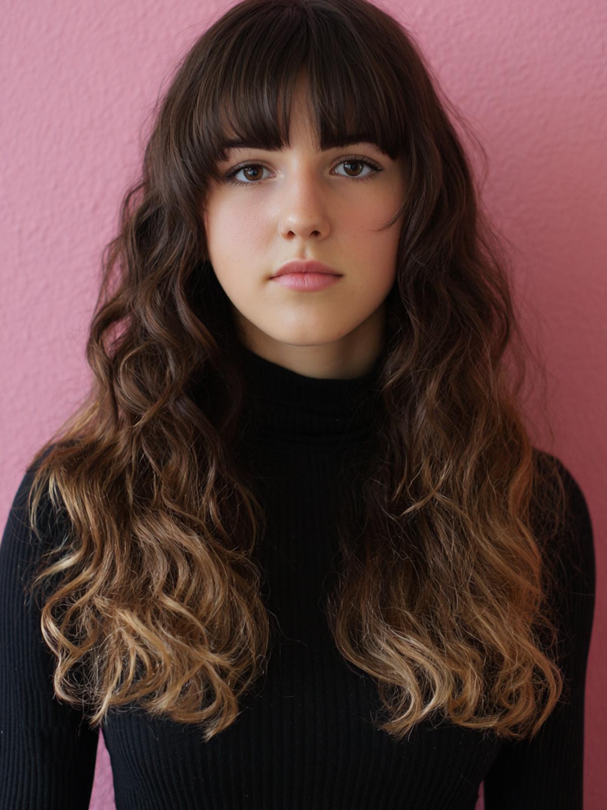 36. Frange droite longue et dégradé visage pour Cheveux bouclés frange droite équilibrée