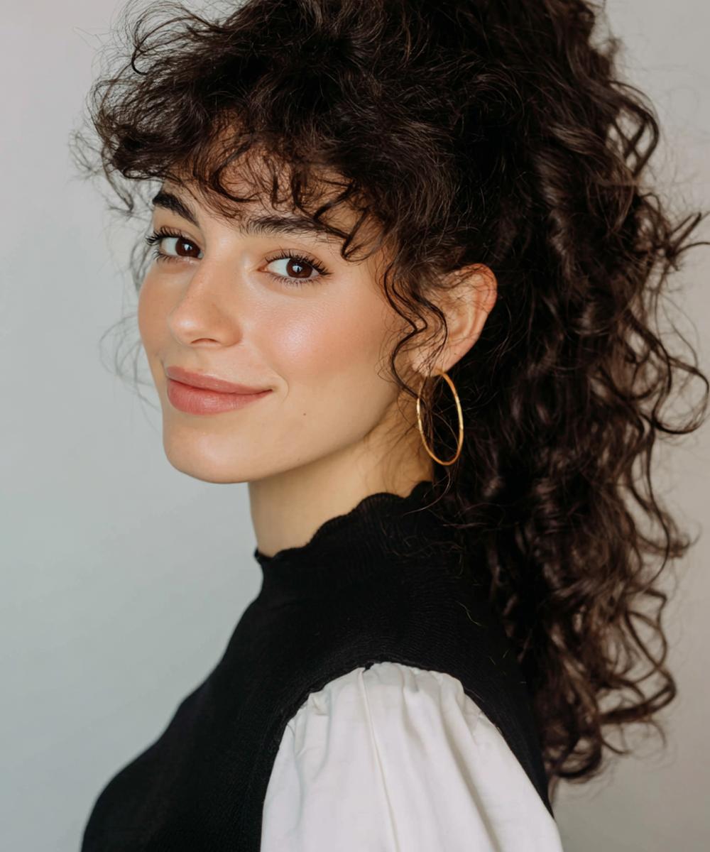 4. Queue de cheval haute avec Cheveux bouclés frange rideau et volume au sommet