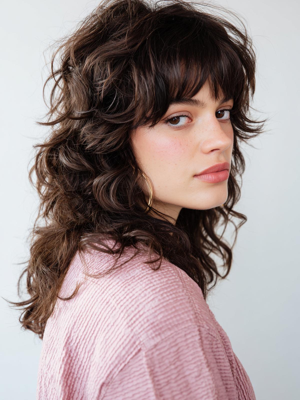 5. Coupe shag moderne avec Cheveux bouclés frange rideau et pointes effilées