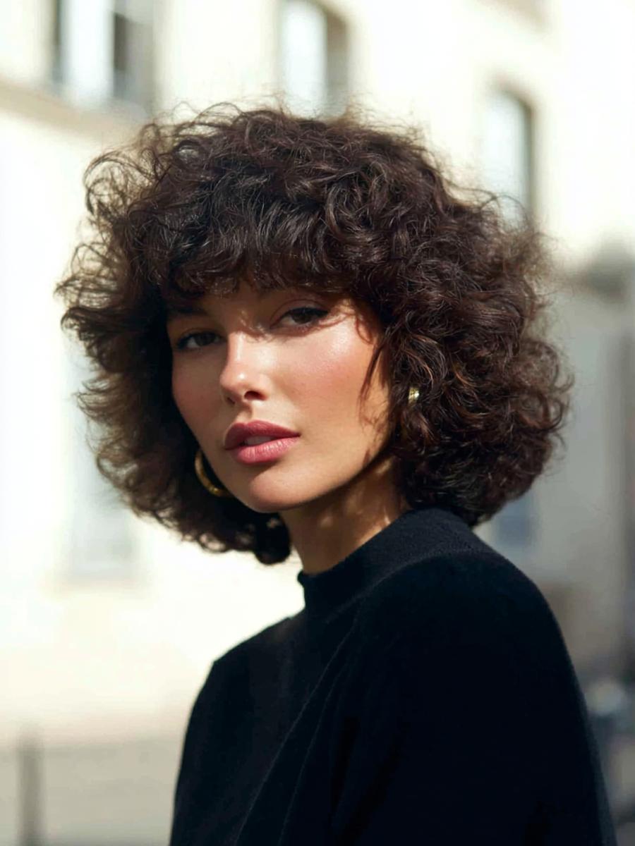 8. Coupe arrondie « halo » avec Cheveux boucles frange et contour net