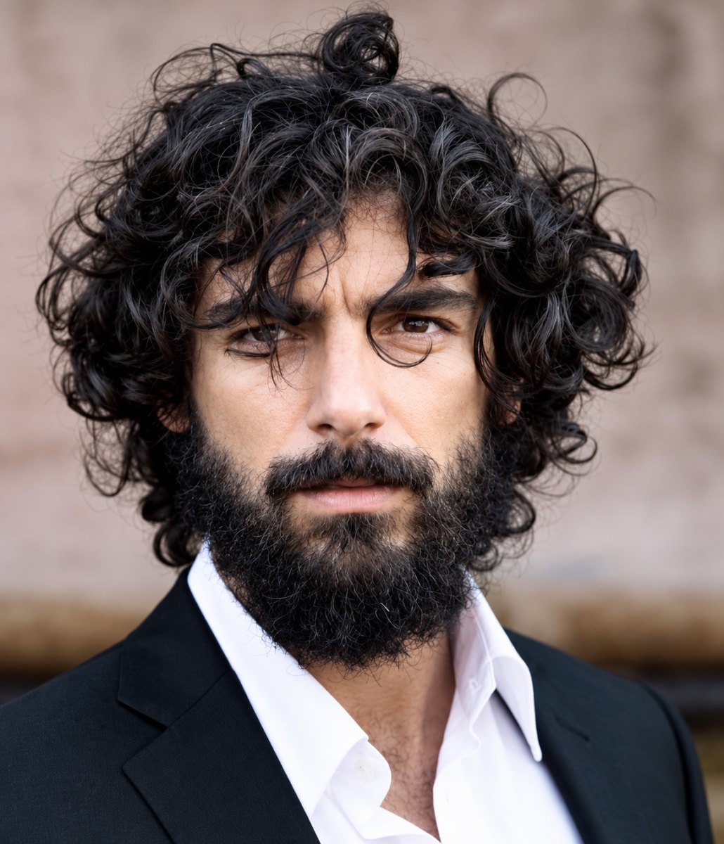 Homme cheveux bouclés avec barbe soignée