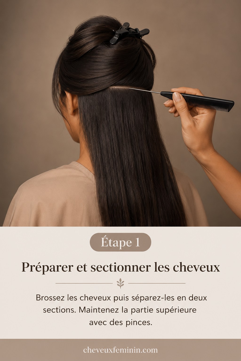 Coiffeuse séparant les cheveux en deux sections avant de réaliser un chignon bas bouclé mariage