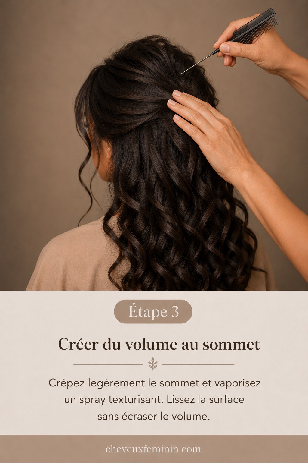 Crêpage du sommet et spray texturisant pour donner du volume au chignon bas bouclé mariage