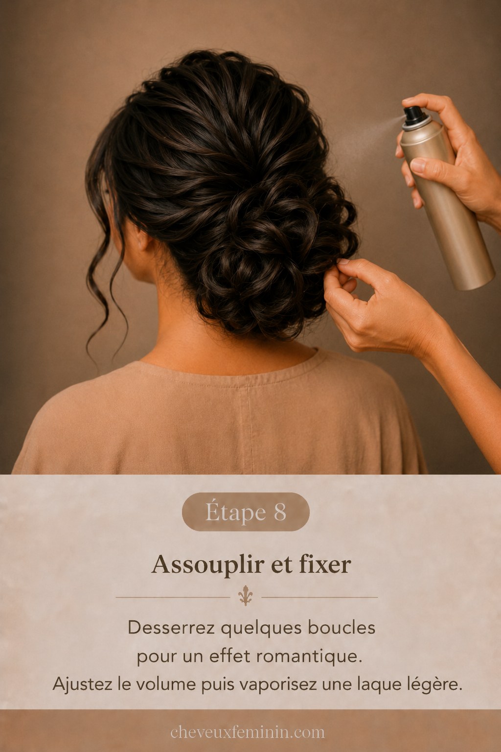 Assouplissement des boucles et fixation à la laque légère du chignon bas bouclé mariage
