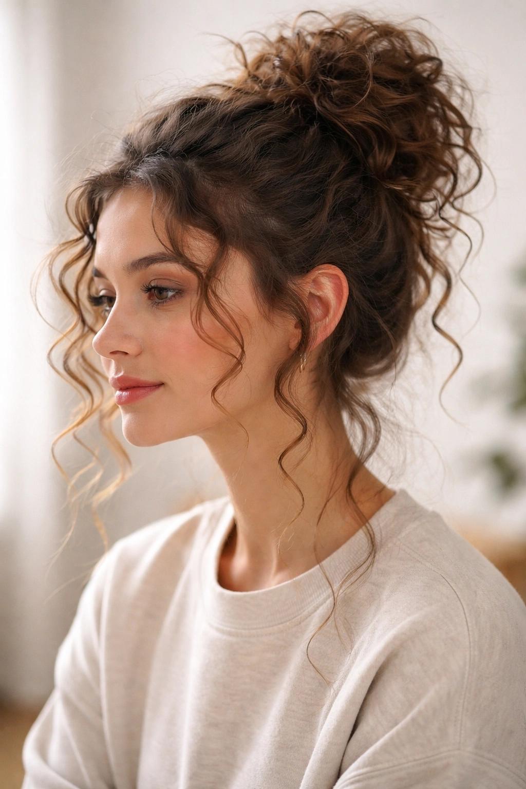 Chignon bouclé avec mèches autour du visage
