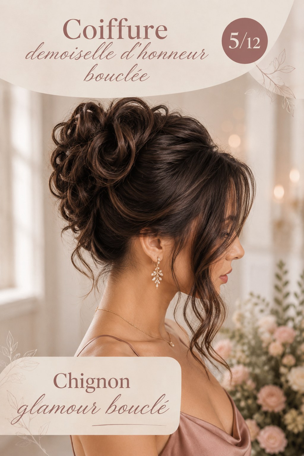 Coiffure demoiselle d'honneur bouclée en chignon glamour aux boucles généreuses