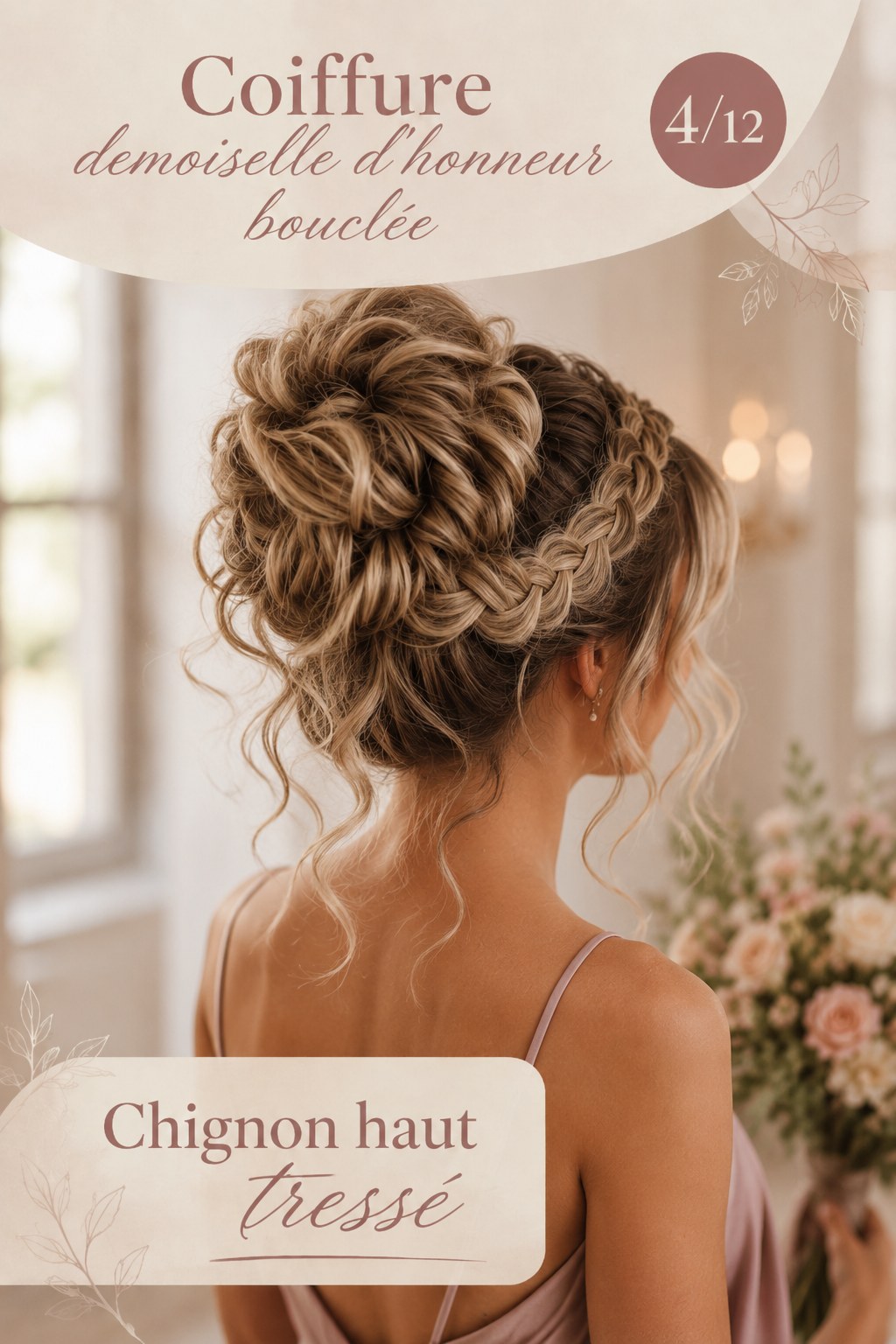 Coiffure demoiselle d'honneur bouclée en chignon haut tressé au volume sculpté