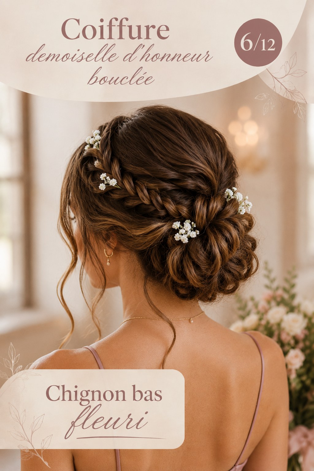 Coiffure demoiselle d'honneur bouclée en chignon bas fleuri façon gypsophile romantique