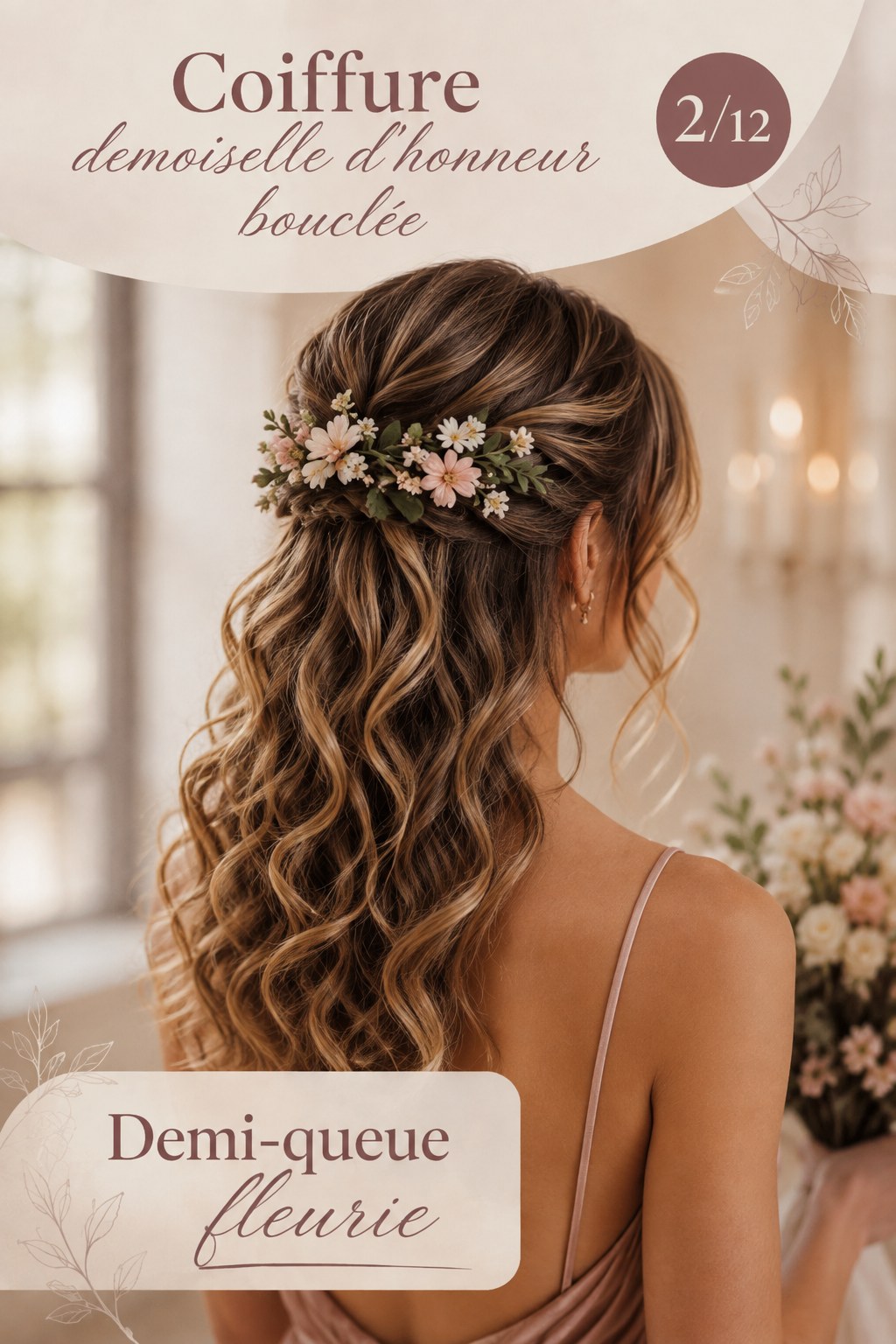 Coiffure demoiselle d'honneur bouclée en demi-queue ornée de petites fleurs fraîches