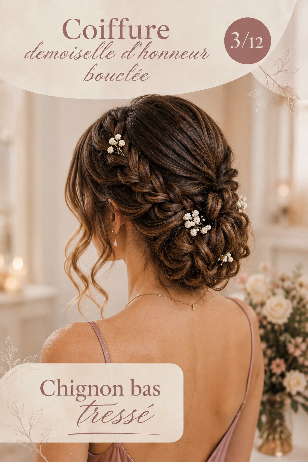 Coiffure demoiselle d'honneur bouclée en chignon bas tressé sur cheveux longs