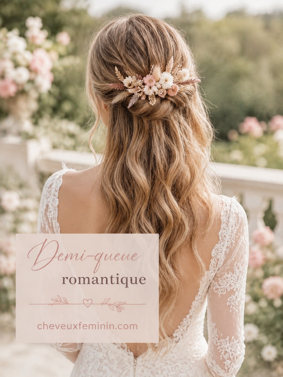 Demi-queue romantique avec fleurs séchées, coiffure mariage bohème rapide à réaliser