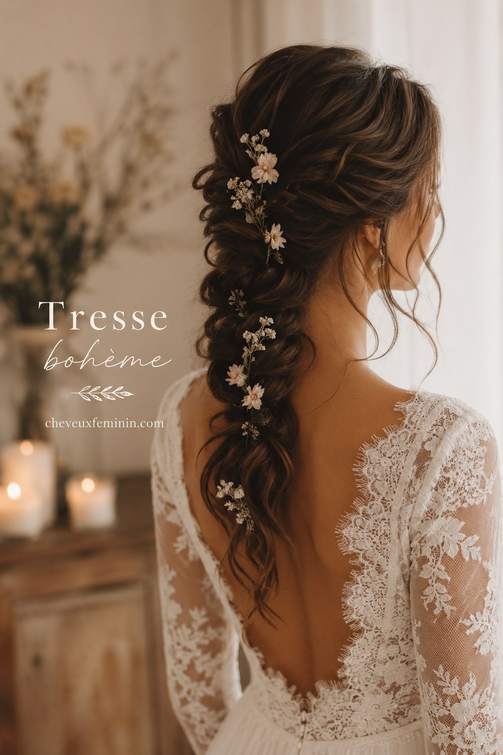 Tresse bohème fleurie descendant en cascade dans le dos d'une robe échancrée