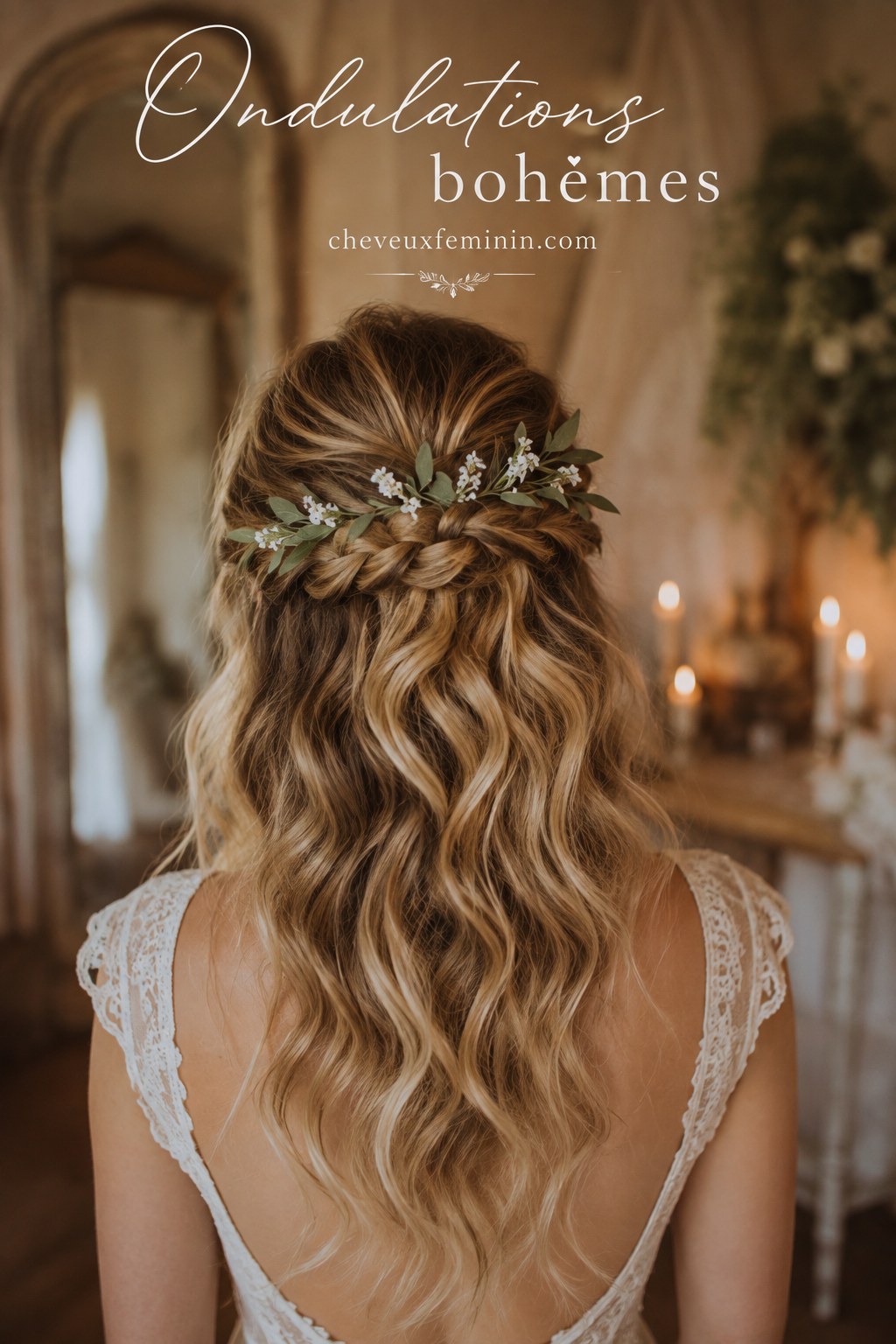 Coiffure mariage bohème en demi-couronne tressée fleurie sur cheveux ondulés dorés