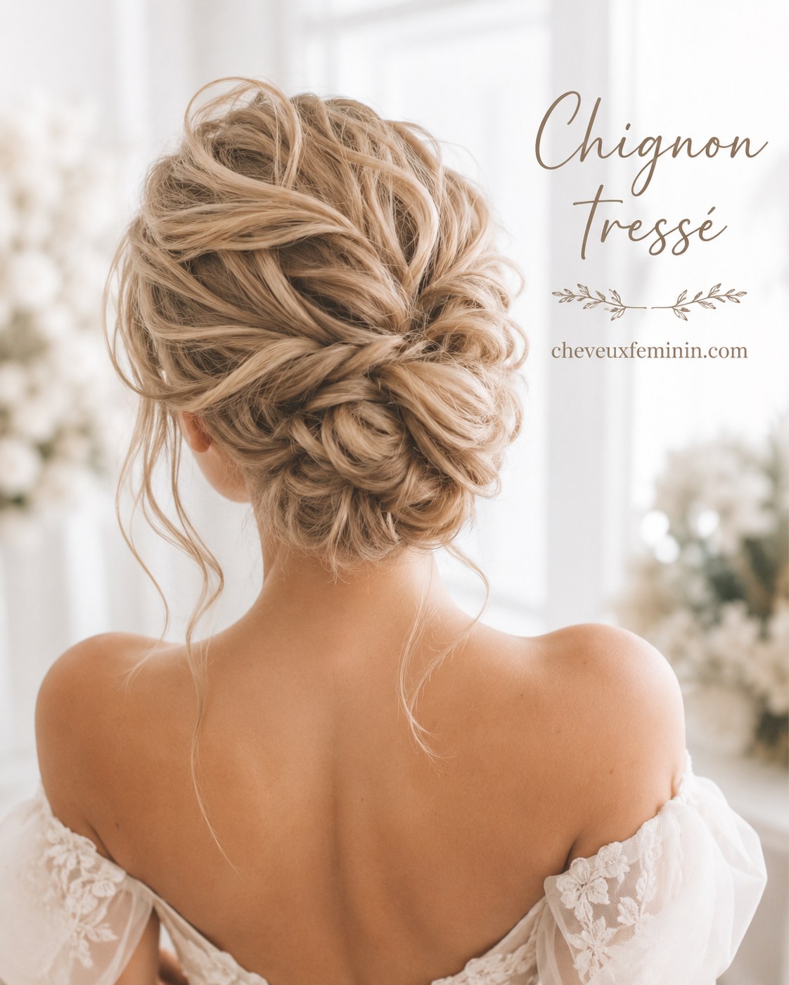 Chignon tressé texturé sur épaules dénudées, coiffure mariage bohème tout en douceur