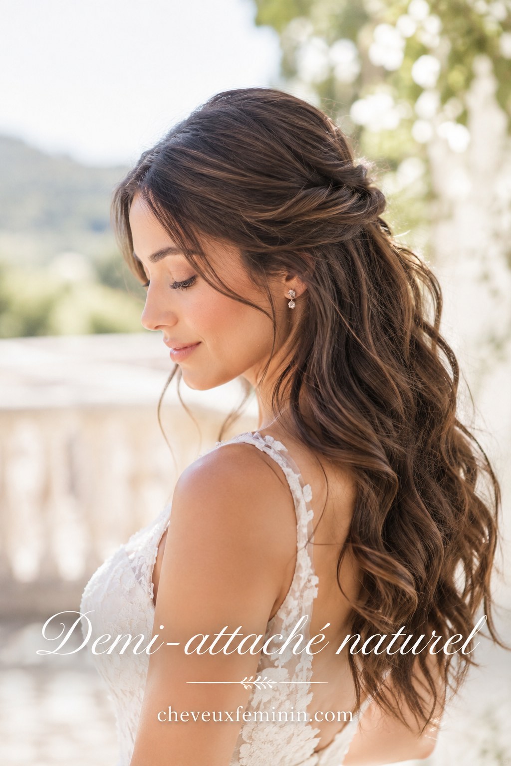 Demi-attaché naturel torsadé laissant tomber des vagues souples, coiffure mariage bohème discrète