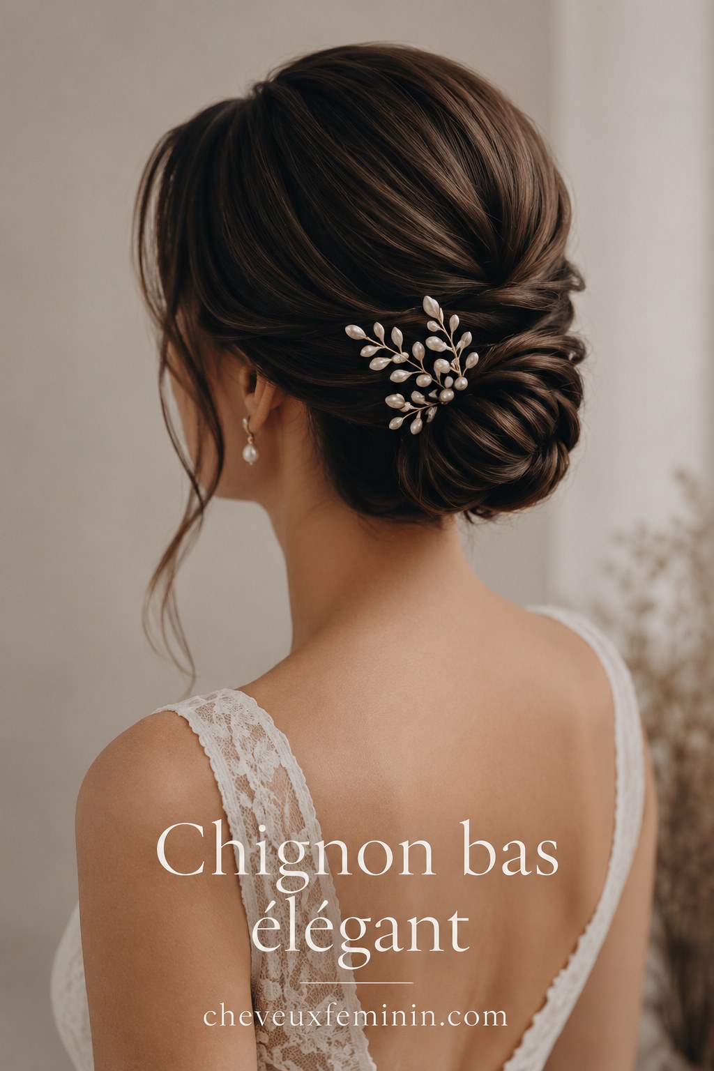 Chignon bas élégant orné d'une pince florale, version structurée de la coiffure mariage bohème