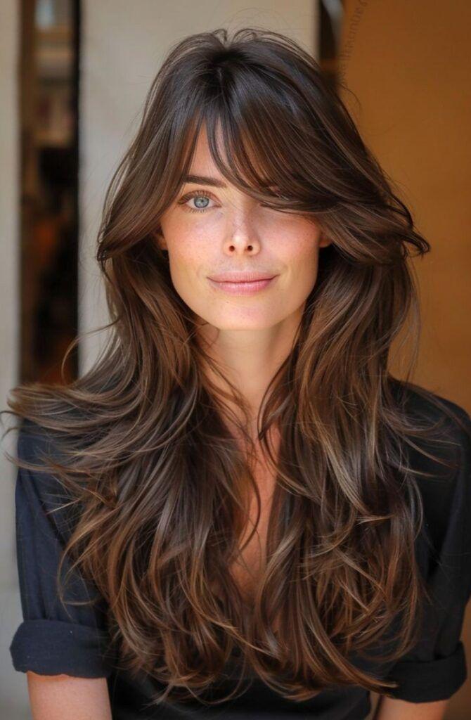 Cheveux bruns longs frange rideau