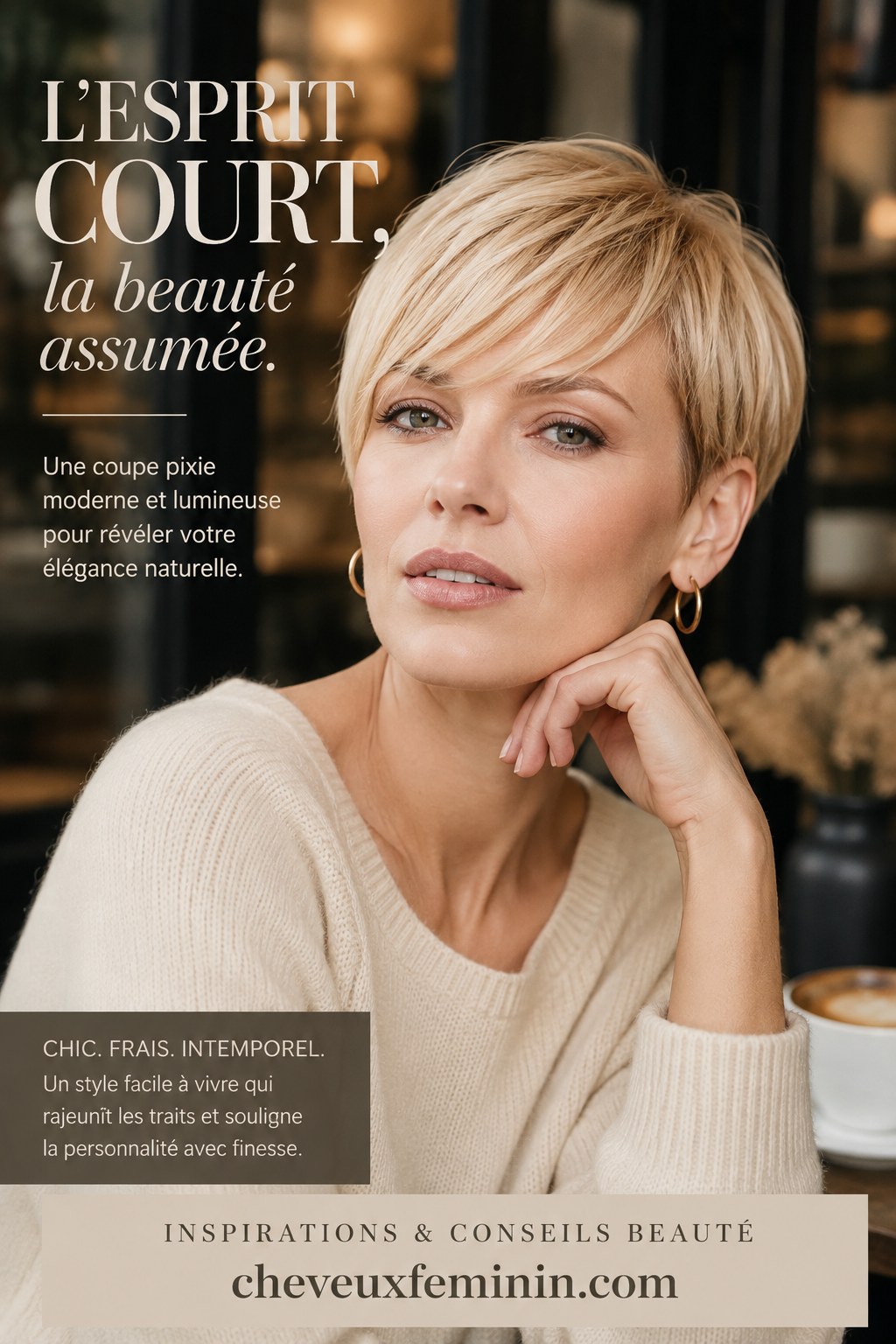 Coupe pixie courte et lumineuse, chic et intemporelle pour une élégance assumée
