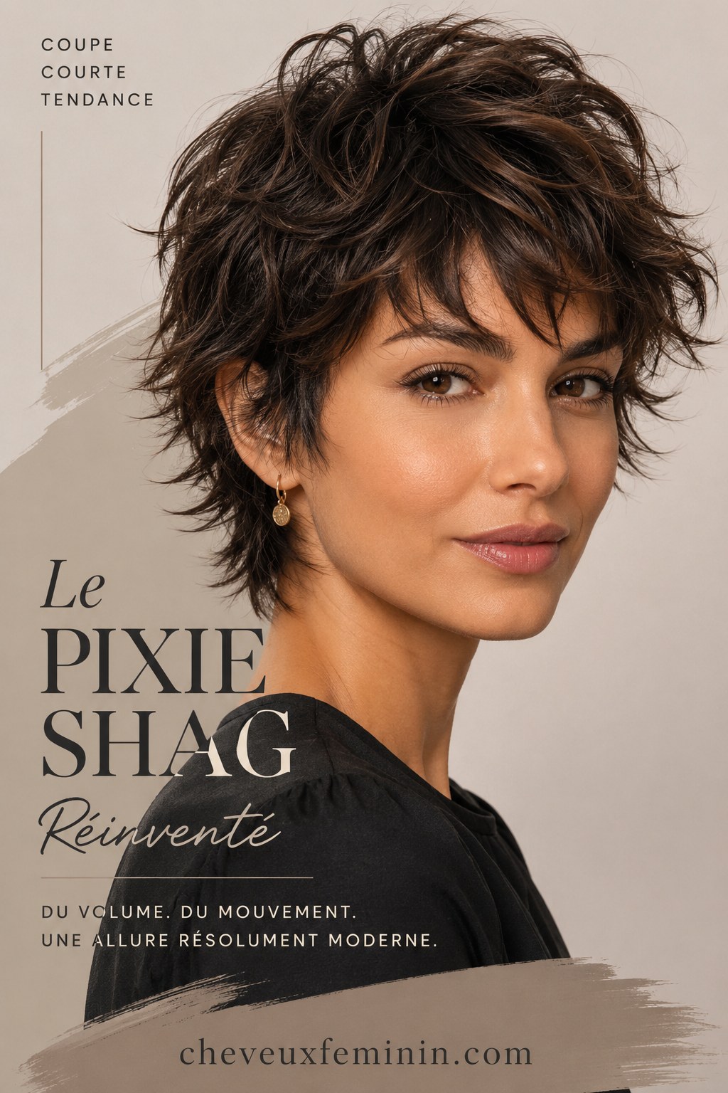 Pixie shag court dégradé avec du volume et du mouvement pour une allure moderne et affirmée