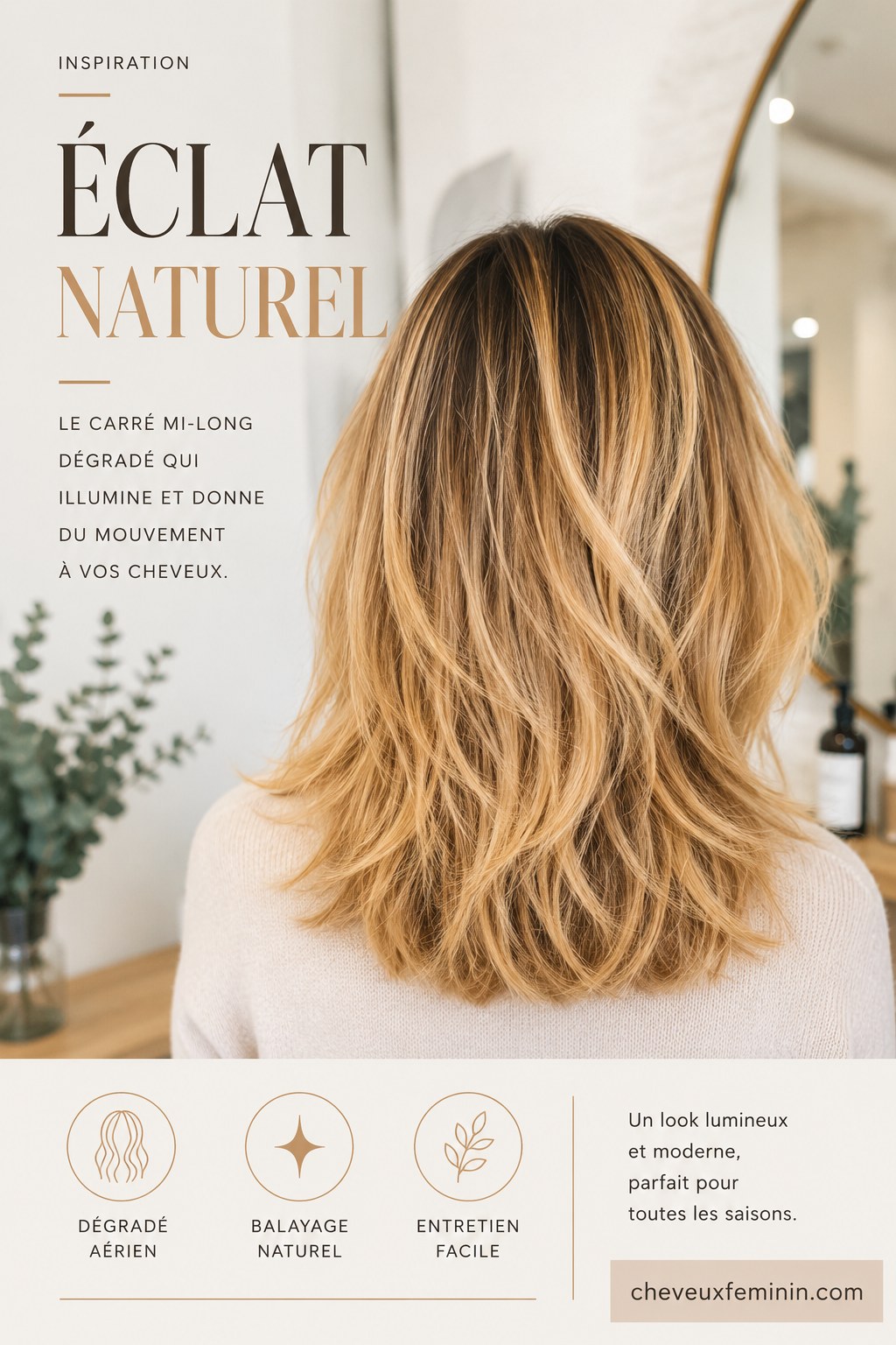 Vue arrière d'un carré mi-long dégradé aérien avec balayage naturel et entretien facile