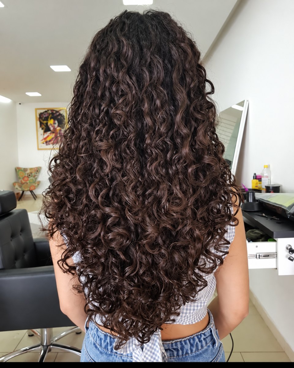 Coupe dégradée sur cheveux bouclés longs