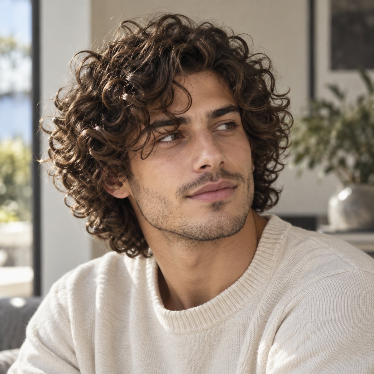 Homme avec cheveux bouclés mi-longs