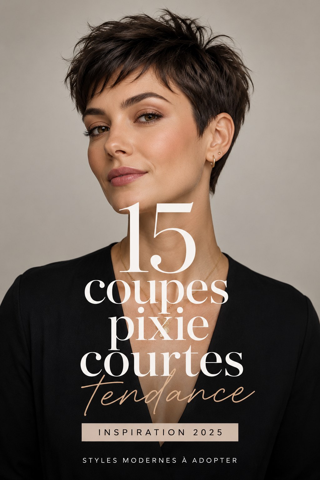 Coupe pixie courte tendance classique brune effilée avec frange légèrement balayée