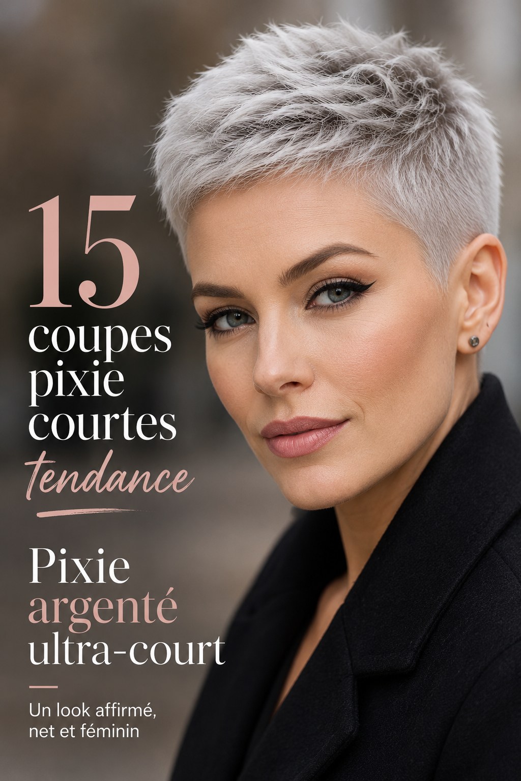 Coupe pixie courte tendance argentée ultra-courte aux côtés rasés et look affirmé