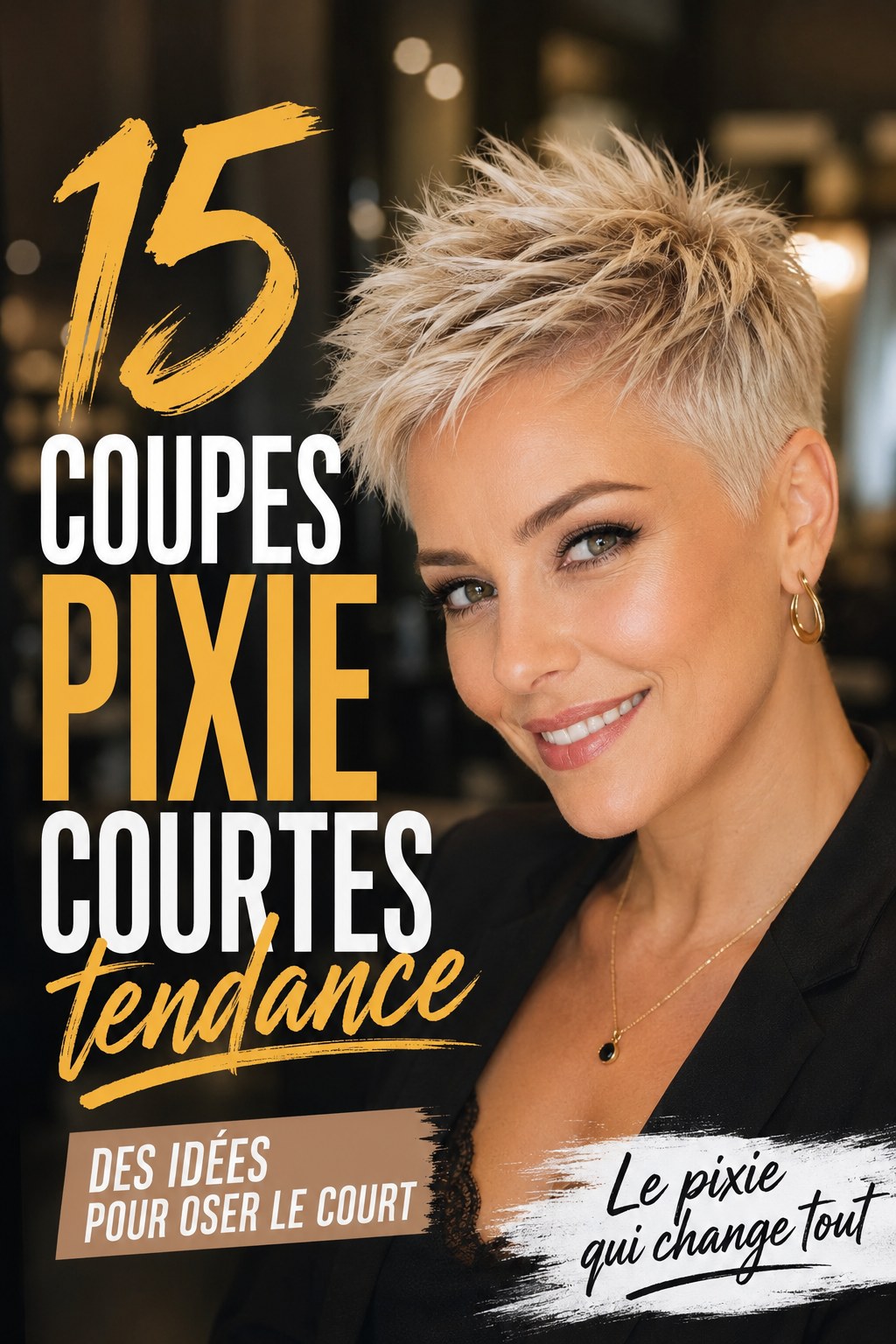 Coupe pixie courte tendance blond doré aux mèches piquantes et volume texturé