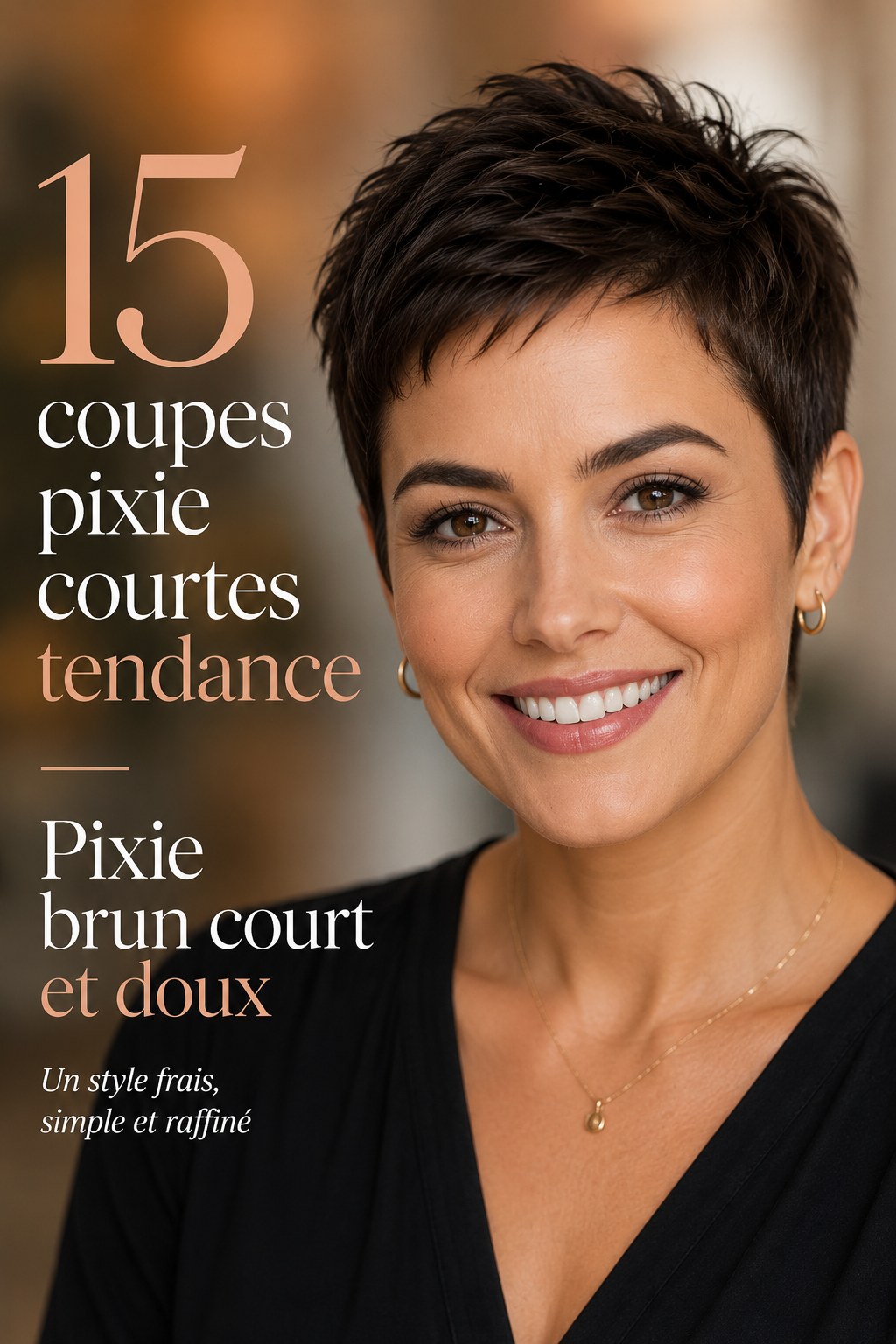 Coupe pixie courte tendance brune douce et effilée pour un style raffiné