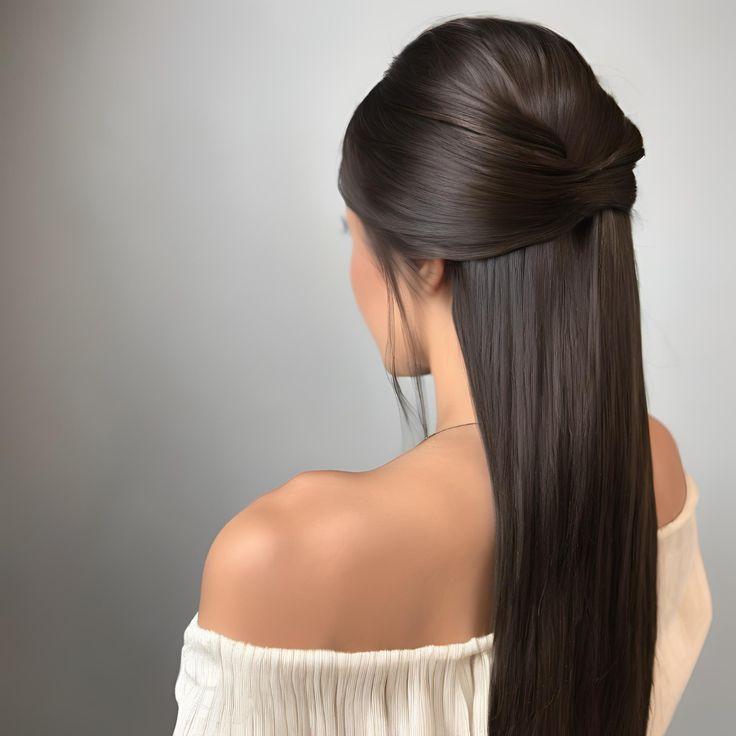 Demi-queue lisse sophistiquée cheveux longs