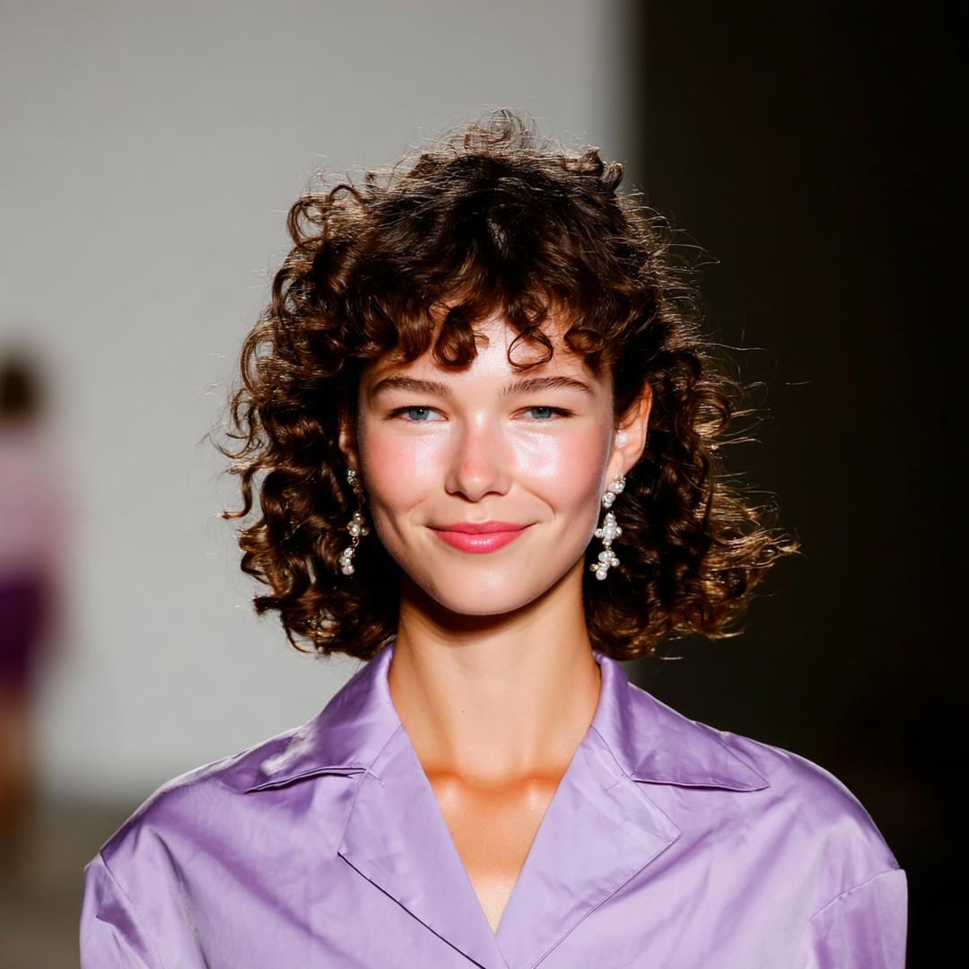 Carré Bouclé Brun Avec Frange