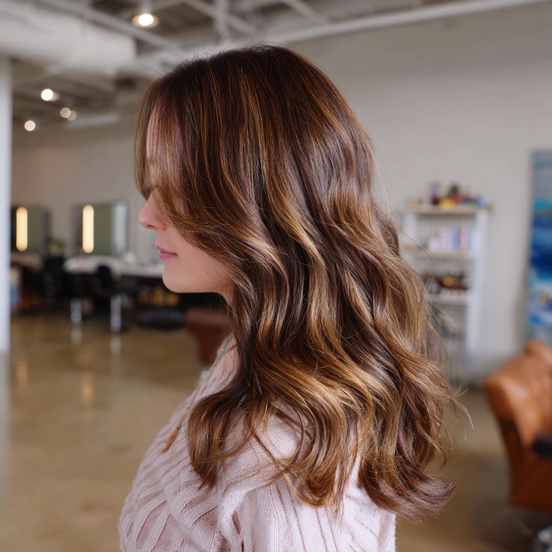 Châtain Noisette Balayage Ondulé