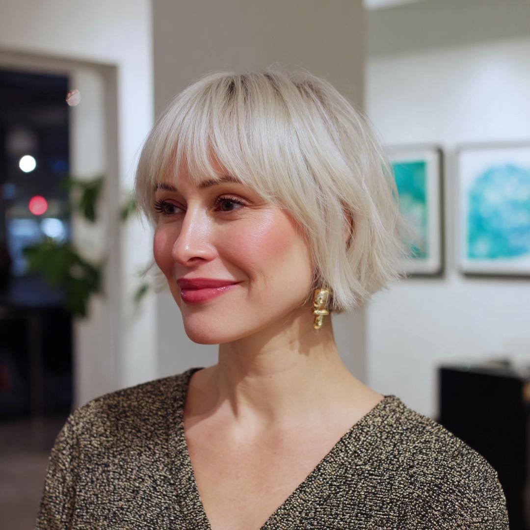 Chin Length Platinum Bob With Bangs